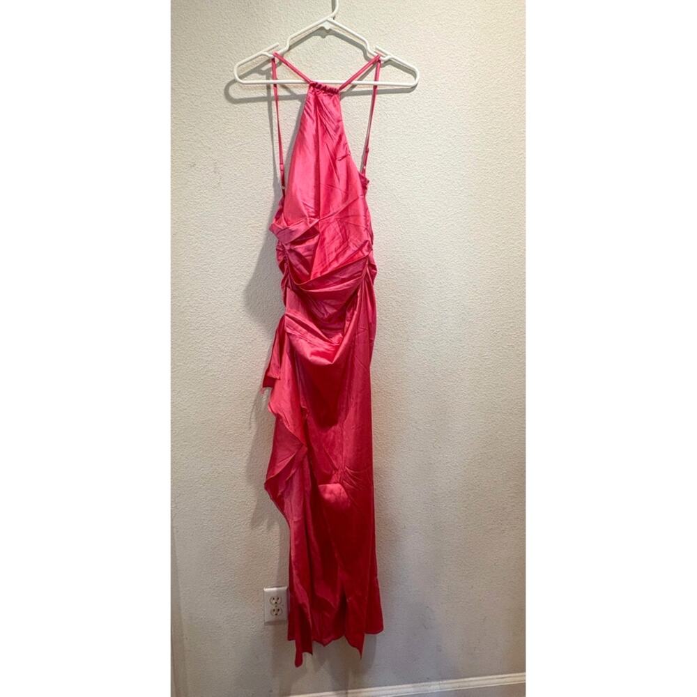 Hello Molly NWT Hot Pink Halter Neck Ruffle Side Slit Maxi Dress Size 6